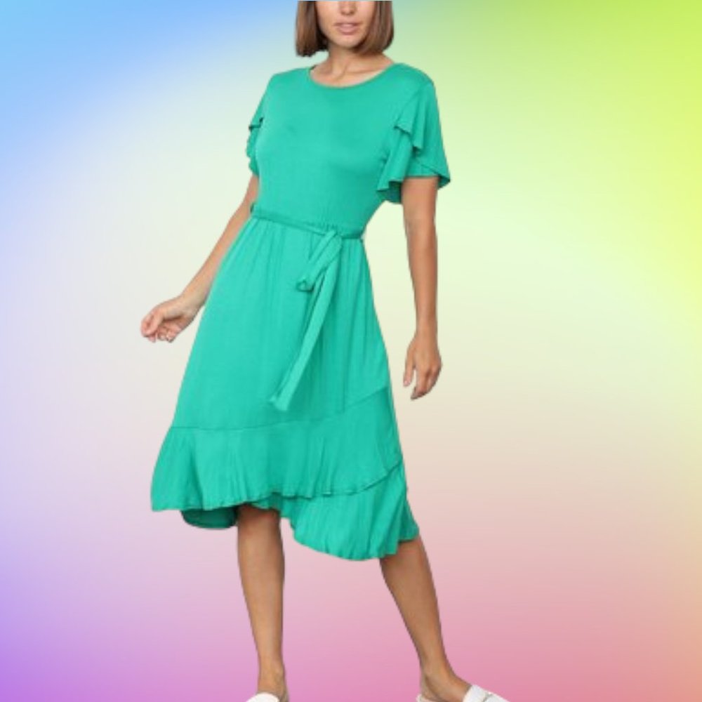 Kelly Green Ruffle Tulip-Hem Tie-Waist Flutter-Sleeve Dress  Size XXL NWOT